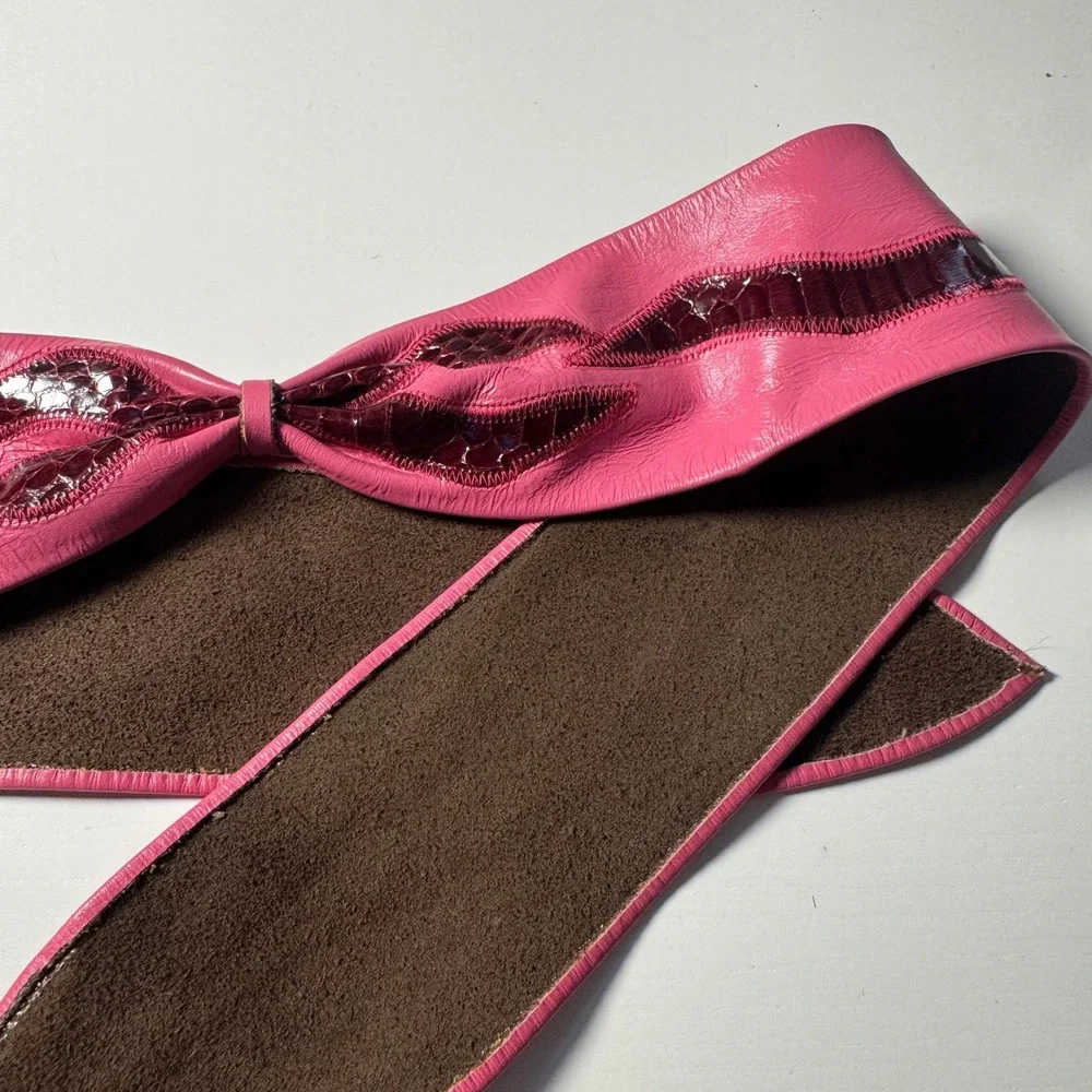 Vtg 80s Pink Leather Wrap Obi Belt Burgundy Snakeskin Embossed Bow Maximalist